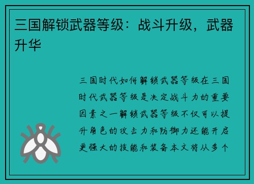 三国解锁武器等级：战斗升级，武器升华